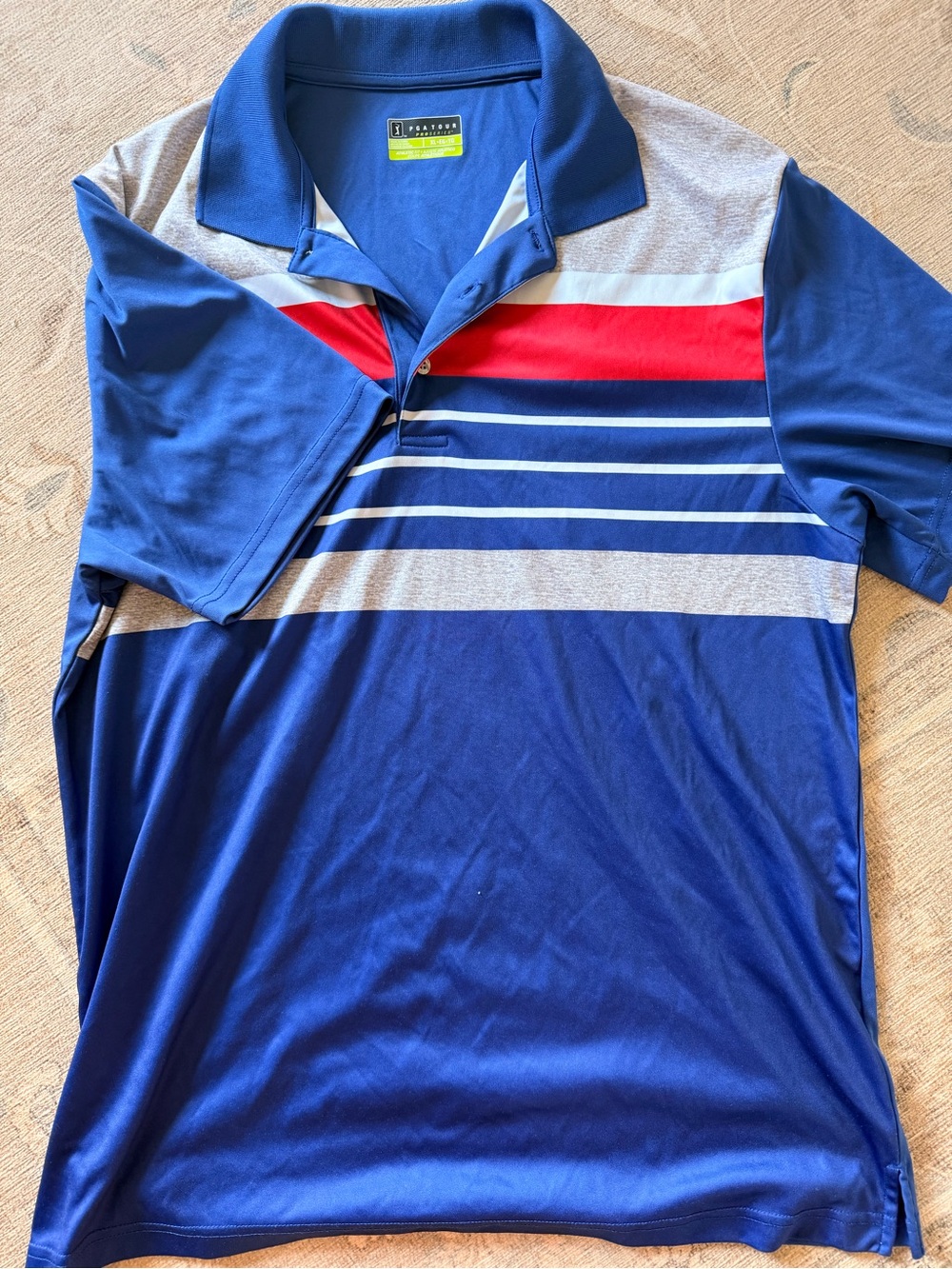 PGA Tour Blue Polo with Red and White Stripe Accents
